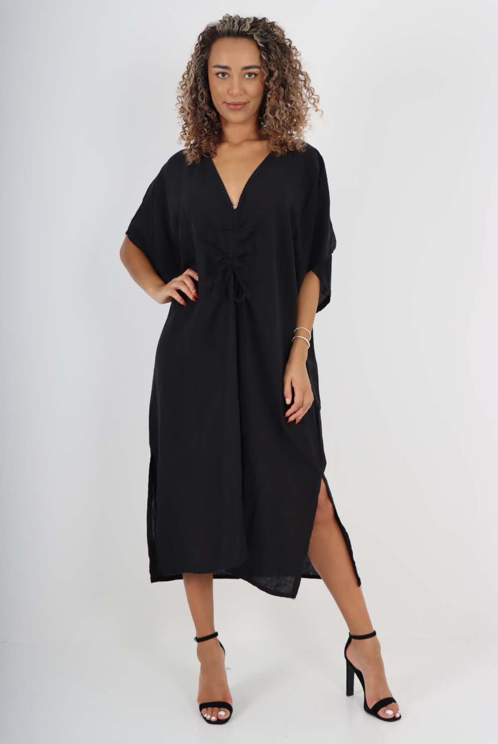Italian Drawestring Front Side Split Linen Dress Dress WearAll Black One Size (Fits UK 12-22)