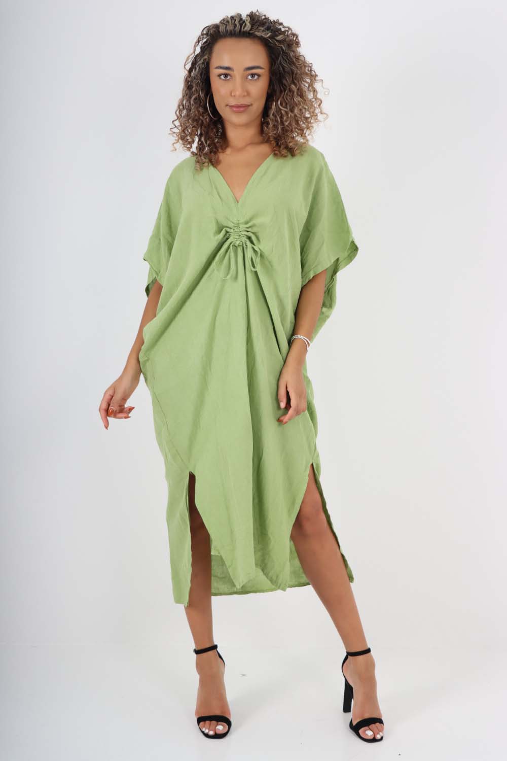 Italian Drawestring Front Side Split Linen Dress Dress WearAll Jade Green One Size (Fits UK 12-22)