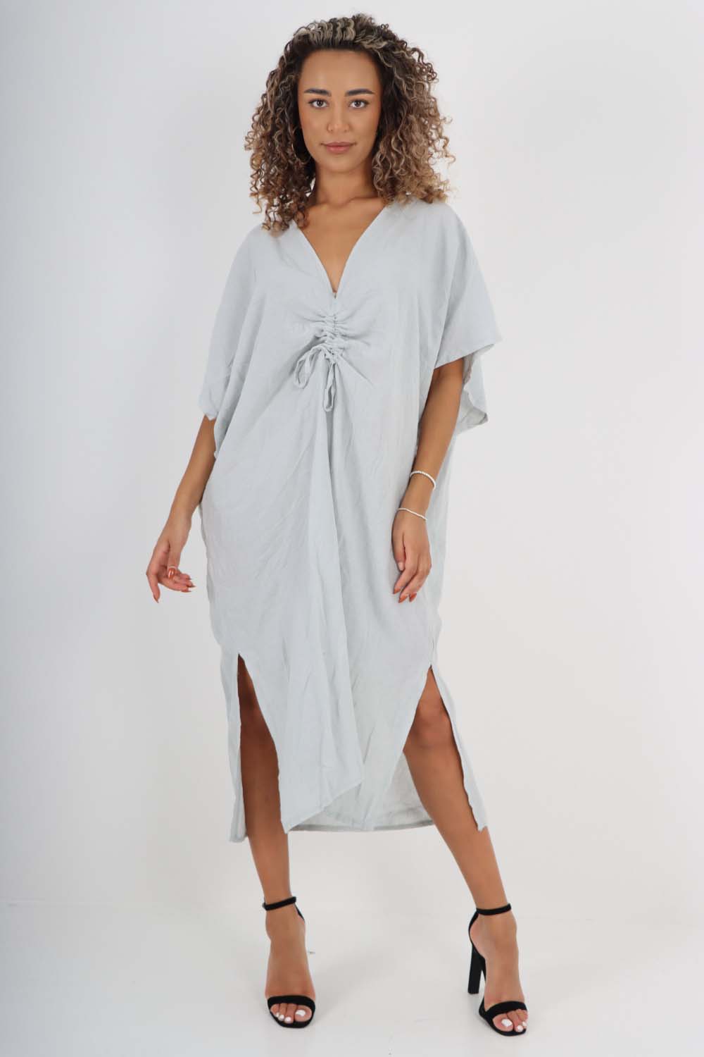 Italian Drawestring Front Side Split Linen Dress Dress WearAll Grey One Size (Fits UK 12-22)