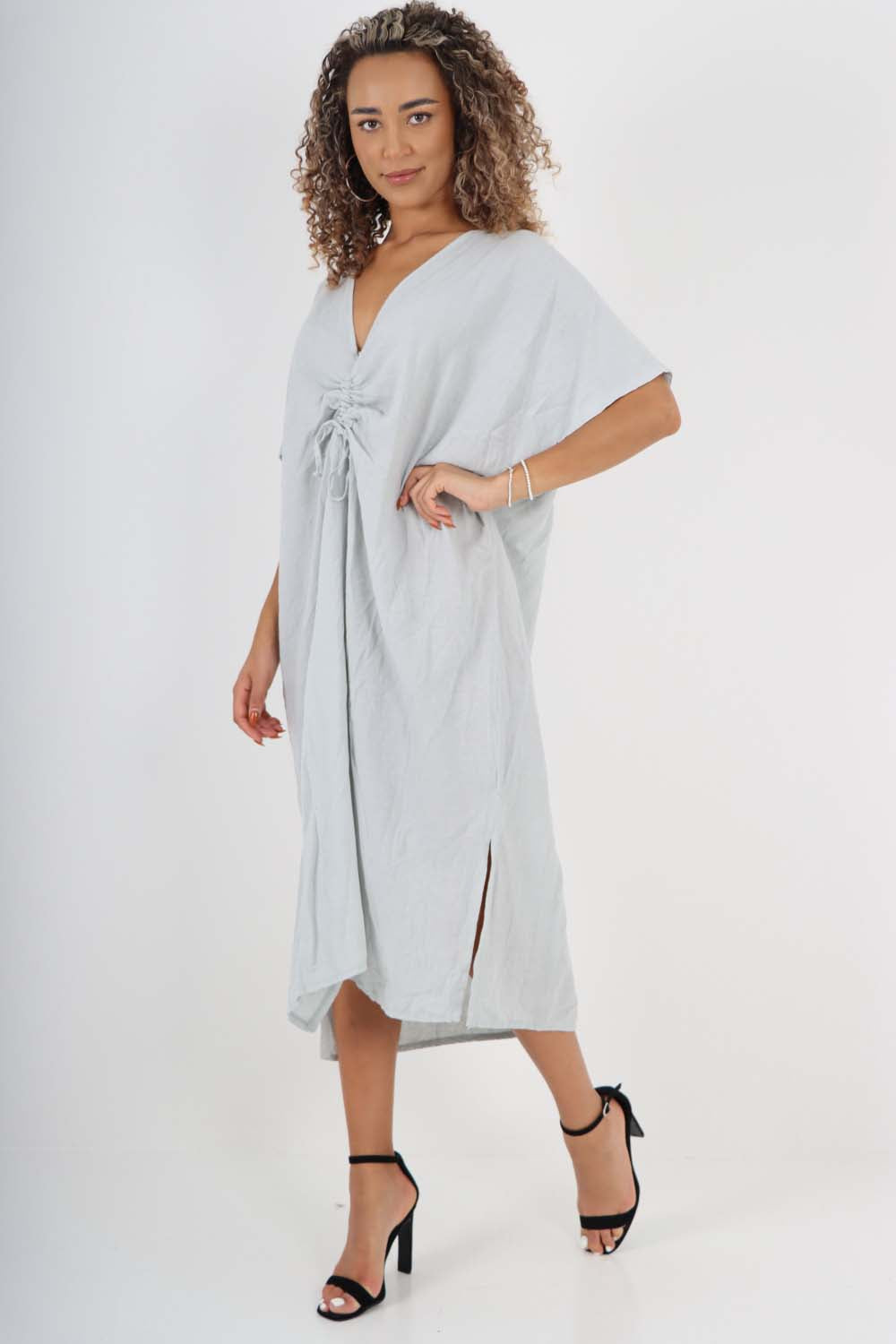Italian Drawestring Front Side Split Linen Dress Dress WearAll