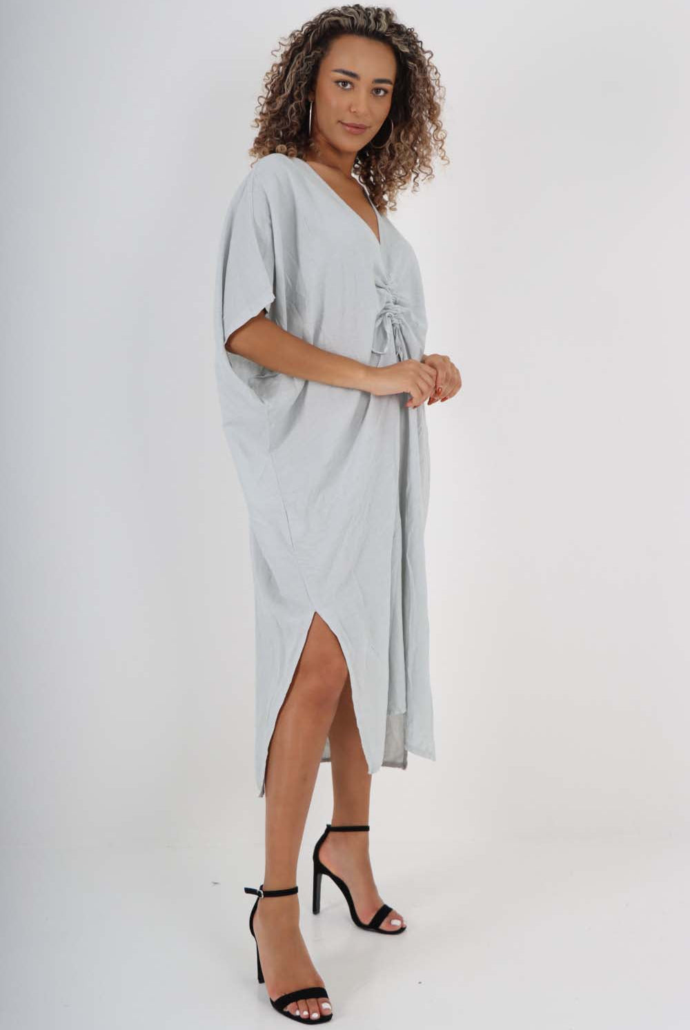 Italian Drawestring Front Side Split Linen Dress Dress WearAll