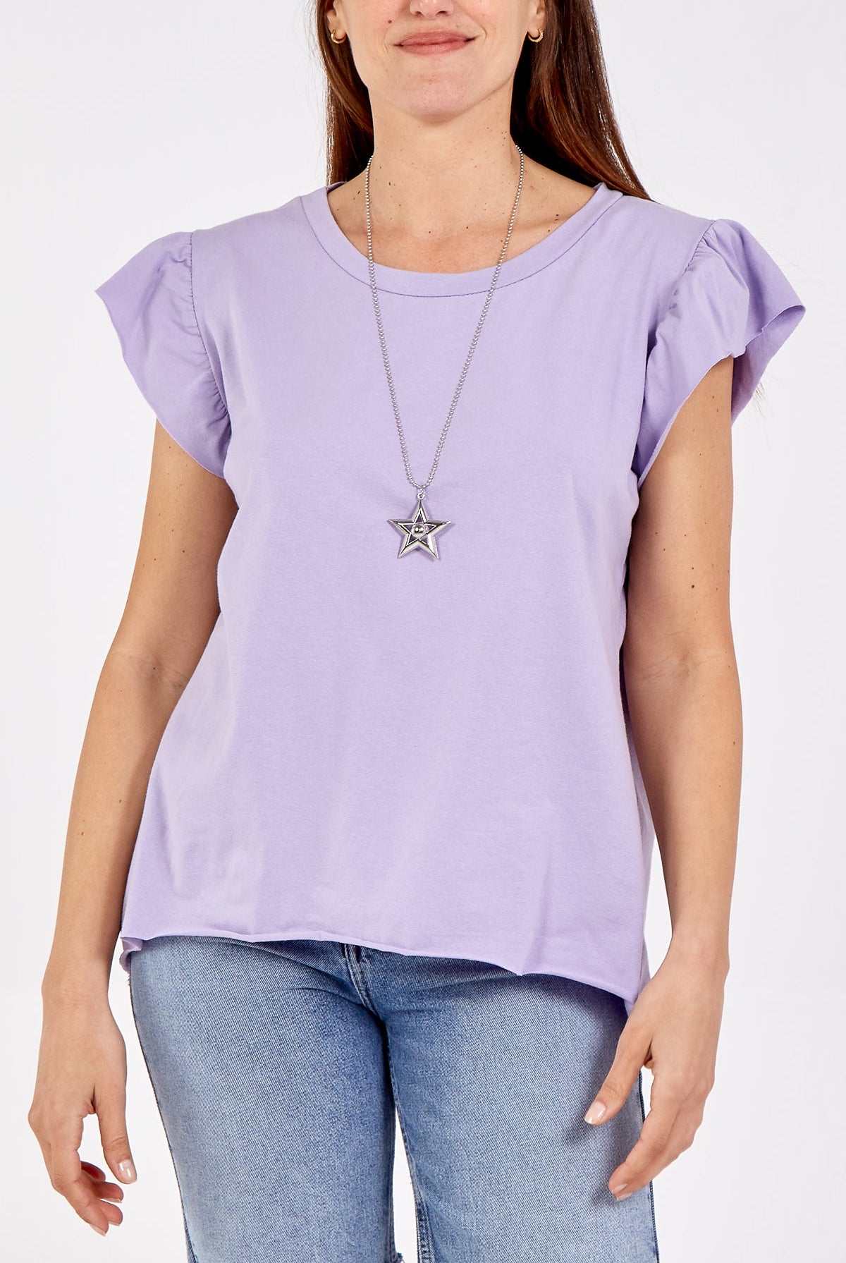 Scoop Neck Frill Sleeve Top With Necklace TOPMF2 WearAll