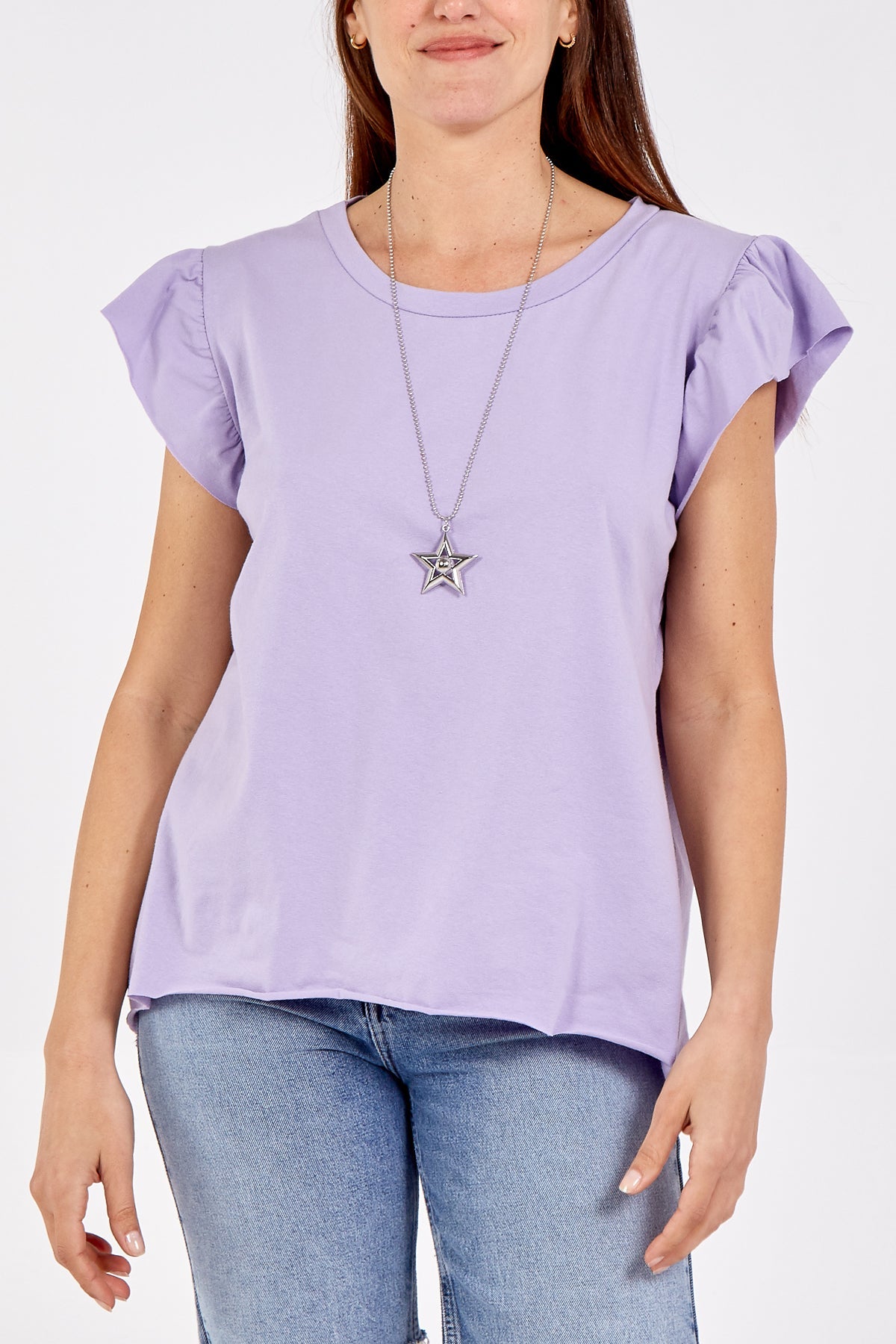 Scoop Neck Frill Sleeve Top With Necklace TOPMF2 WearAll