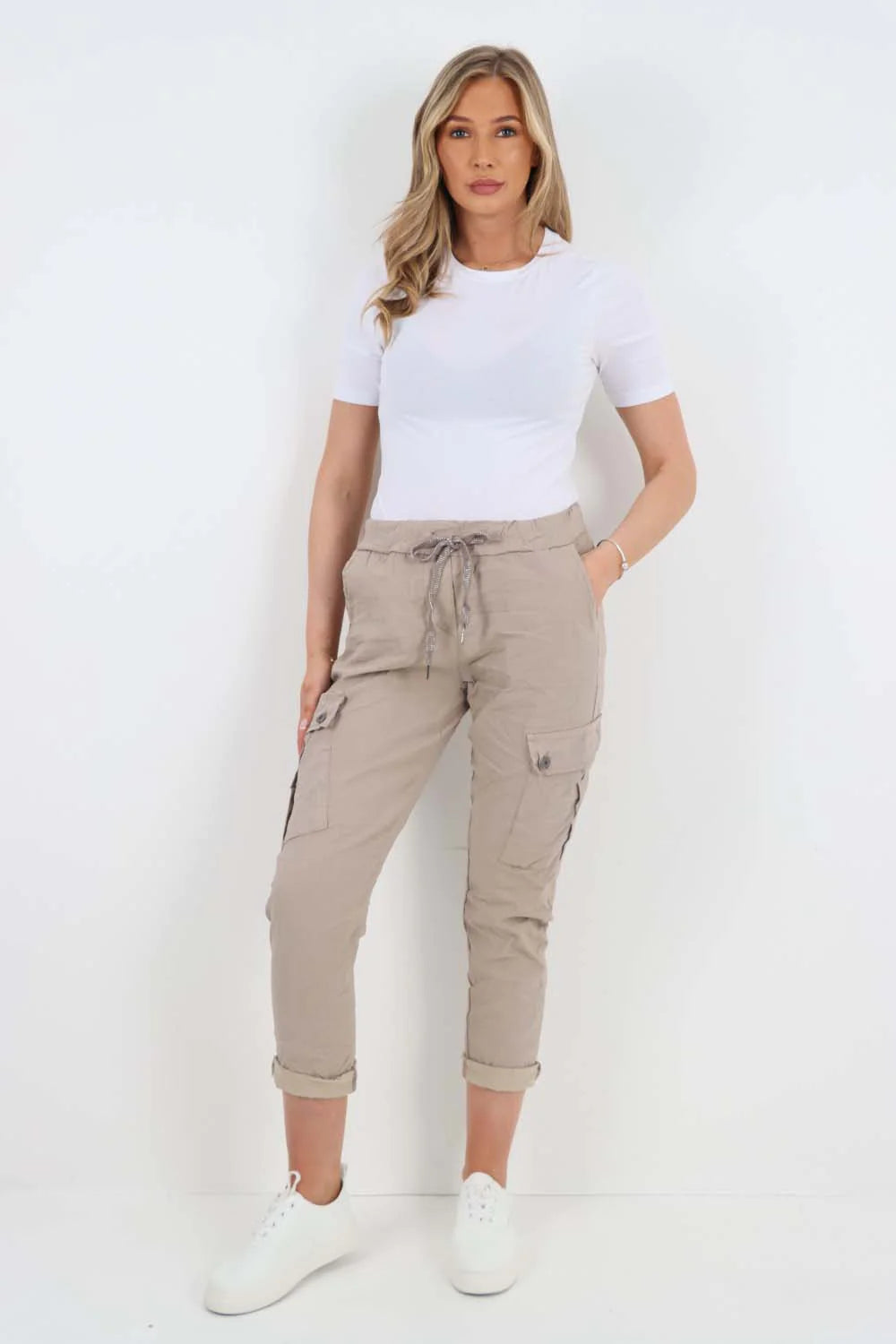 Italian Drawstring Waistband Magic Cargo Trouser Trouser WearAll Beige 8