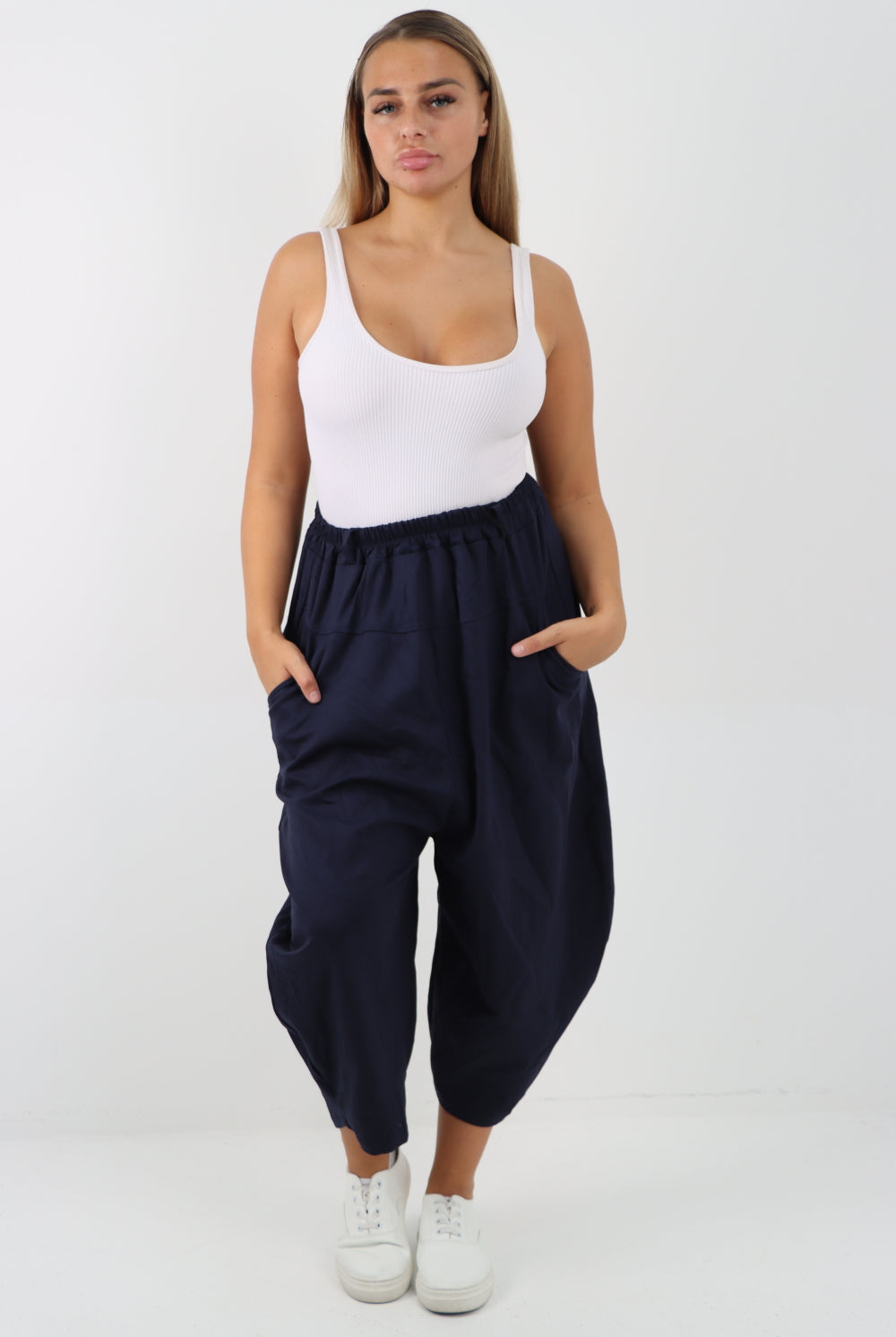 Italian Wide Leg Baggy Parachute Palazzo Trouser Trousers WearAll Navy 8-16
