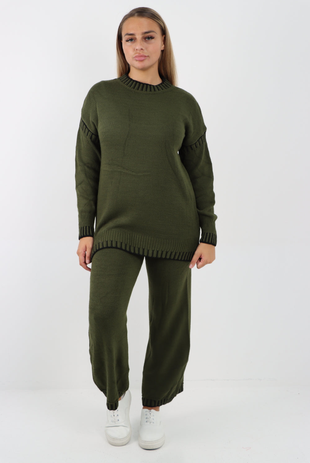 Italian Patch Knitted Co-Ord Set Tracksuit Dress WearAll khaki One Size To Fit UK 8-16