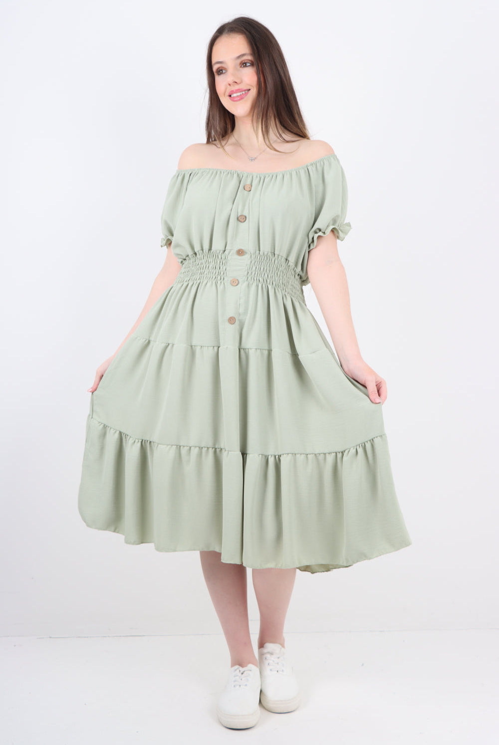 Italian Off The Shoulder Elasticated Waist Tiered Midi Dress Midi Dress WearAll Khaki One Size To Fit UK 8-20