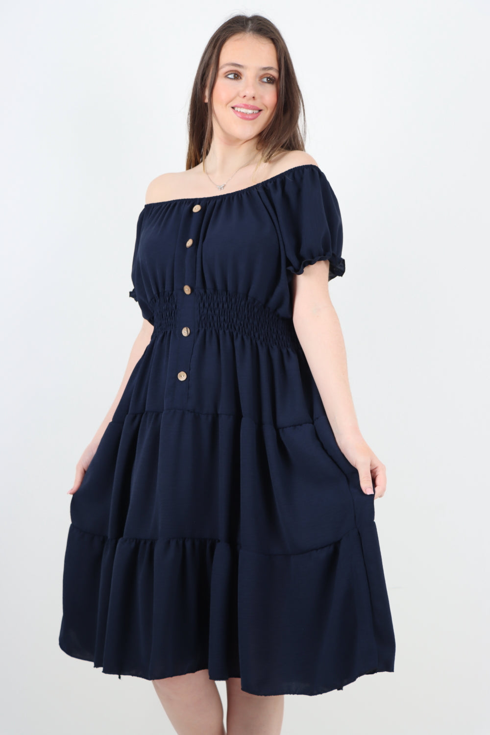 Italian Off The Shoulder Elasticated Waist Tiered Midi Dress Midi Dress WearAll Navy One Size To Fit UK 8-20