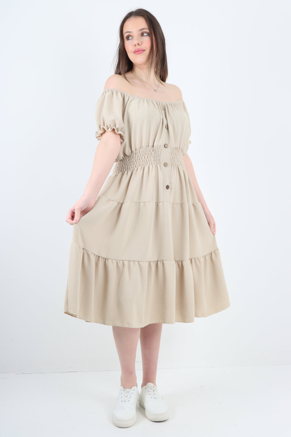 Italian Off The Shoulder Elasticated Waist Tiered Midi Dress Midi Dress WearAll Beige One Size To Fit UK 8-20