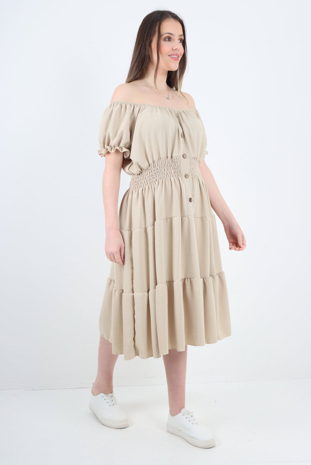 Italian Off The Shoulder Elasticated Waist Tiered Midi Dress Midi Dress WearAll