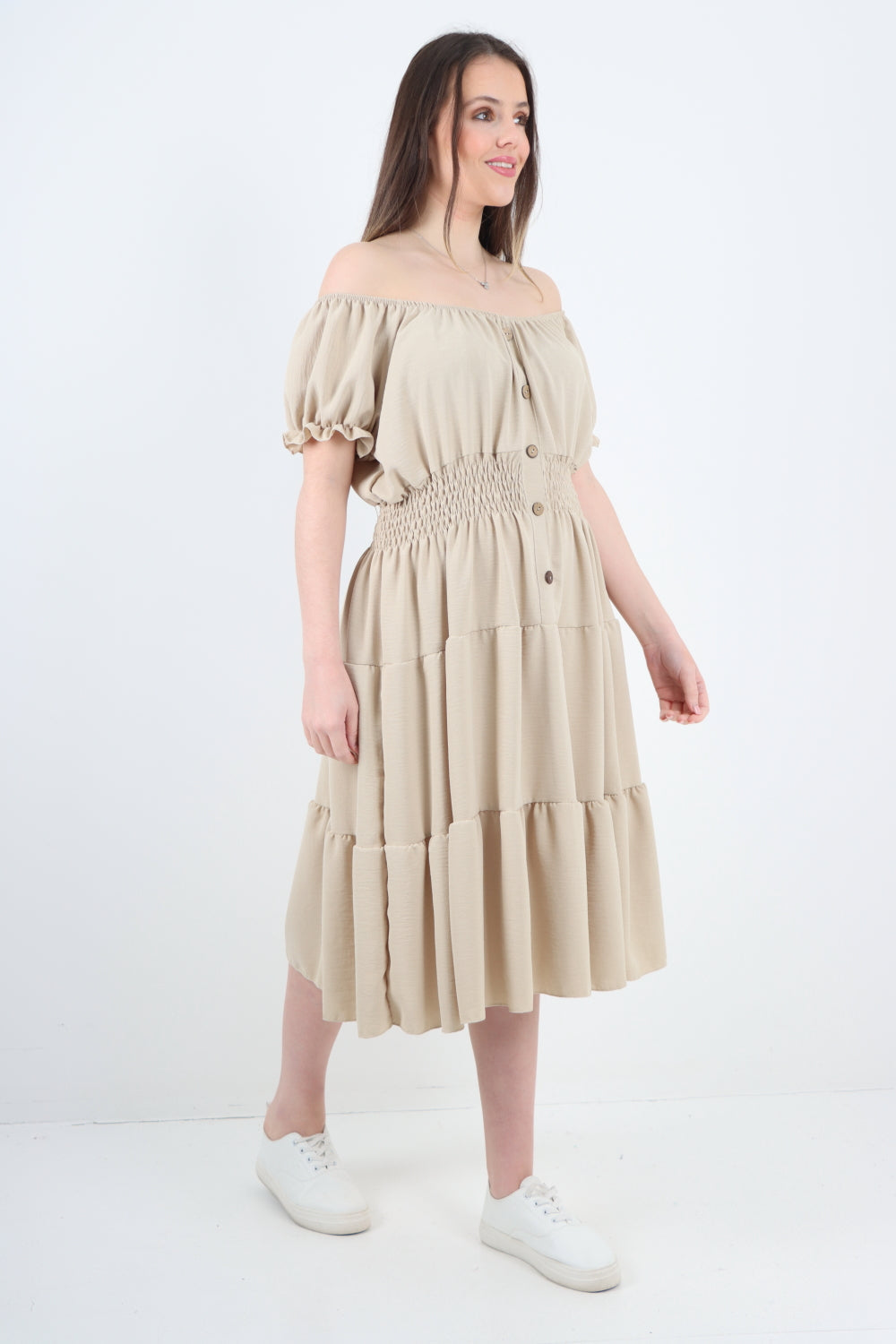 Italian Off The Shoulder Elasticated Waist Tiered Midi Dress Midi Dress WearAll