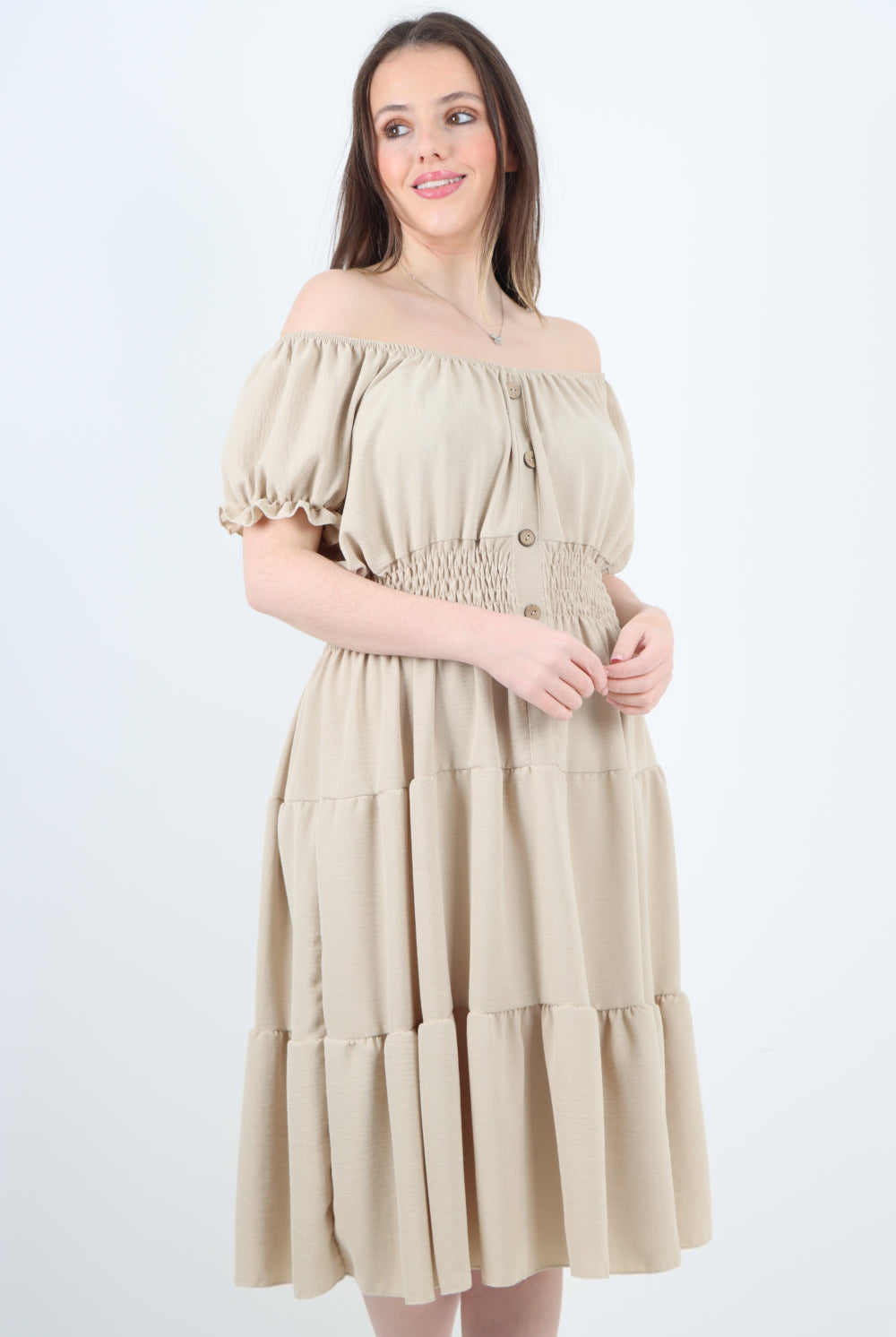 Italian Off The Shoulder Elasticated Waist Tiered Midi Dress Midi Dress WearAll