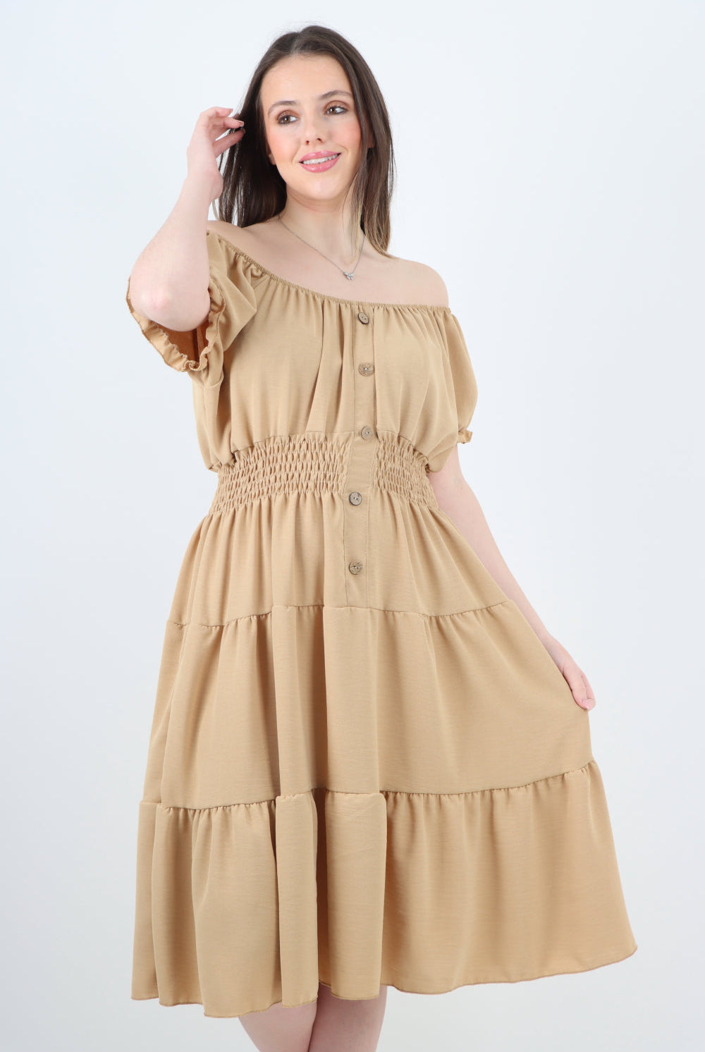 Italian Off The Shoulder Elasticated Waist Tiered Midi Dress Midi Dress WearAll