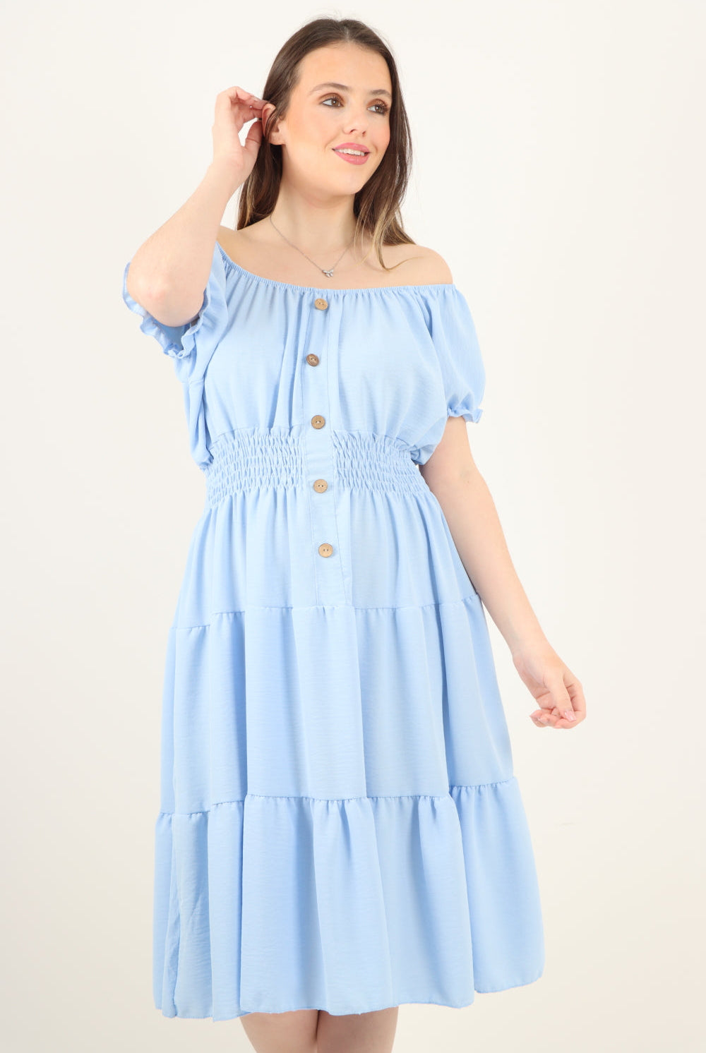 Italian Off The Shoulder Elasticated Waist Tiered Midi Dress Midi Dress WearAll Sky Blue One Size To Fit UK 8-20