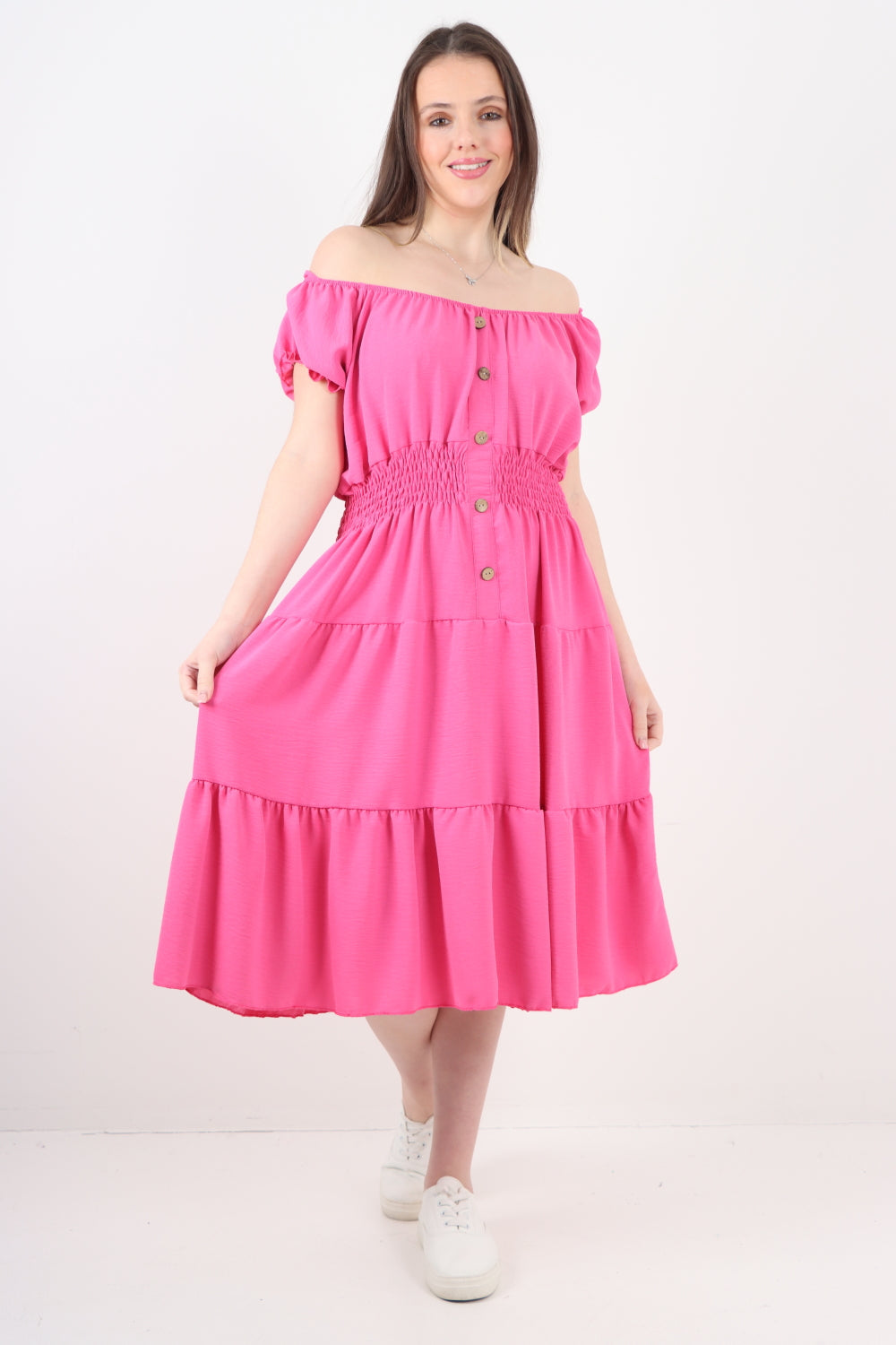 Italian Off The Shoulder Elasticated Waist Tiered Midi Dress Midi Dress WearAll Fuchsia One Size To Fit UK 8-20