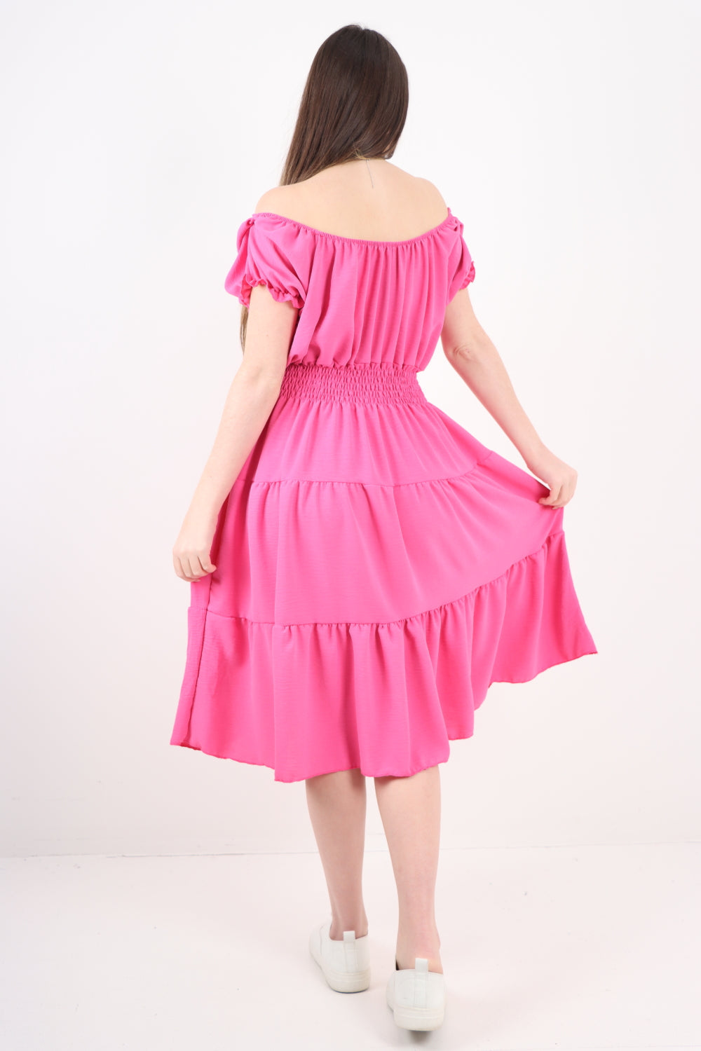 Italian Off The Shoulder Elasticated Waist Tiered Midi Dress Midi Dress WearAll