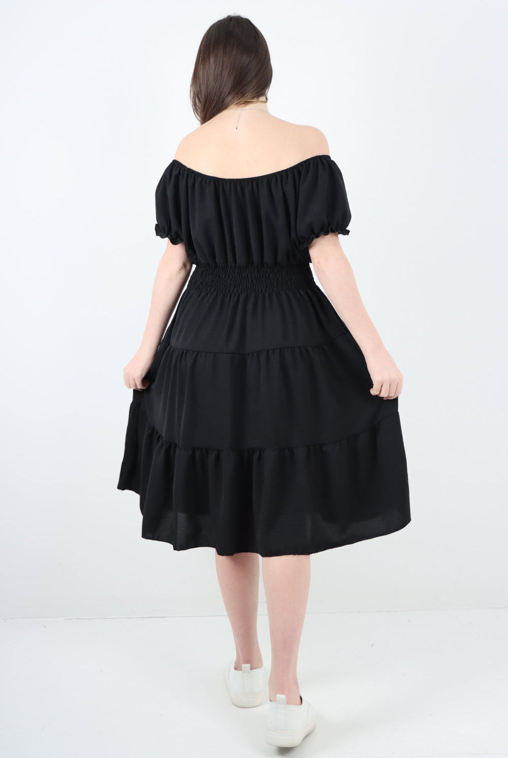 Italian Off The Shoulder Elasticated Waist Tiered Midi Dress Midi Dress WearAll