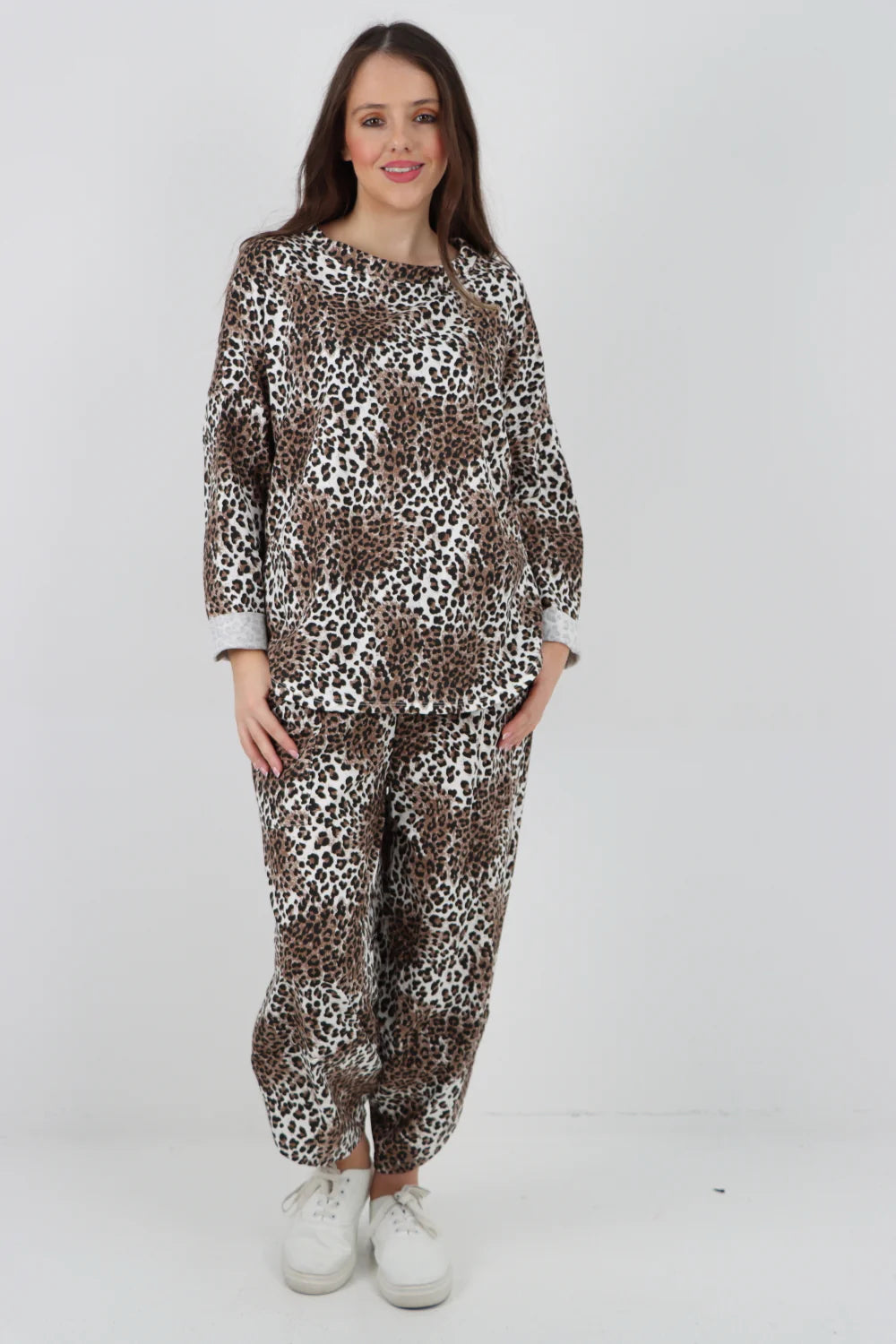 Animal Print Top Bottom Italian Co-ord Set 2 Piece Loungewear Loungewear WearAll Leopard One Size To Fit UK 8-20