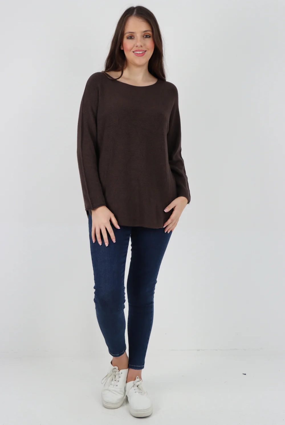 Knitted Jumper Round Neck Basic Sweater Top Sweater WearAll Chocolate One Size To Fit UK 8-16