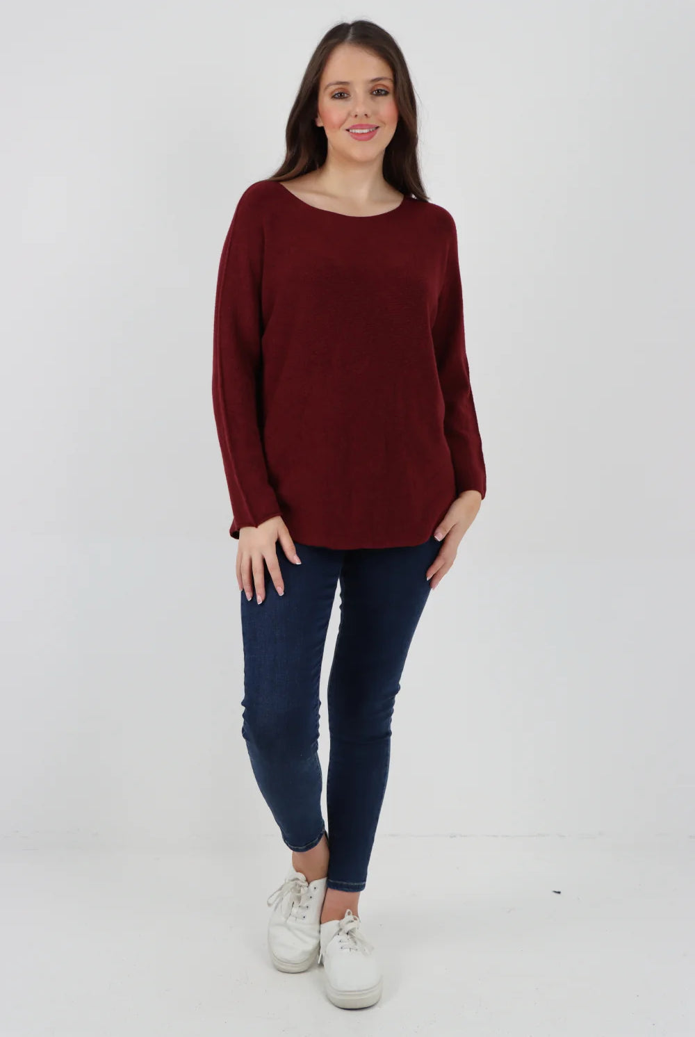 Knitted Jumper Round Neck Basic Sweater Top Sweater WearAll Wine One Size To Fit UK 8-16