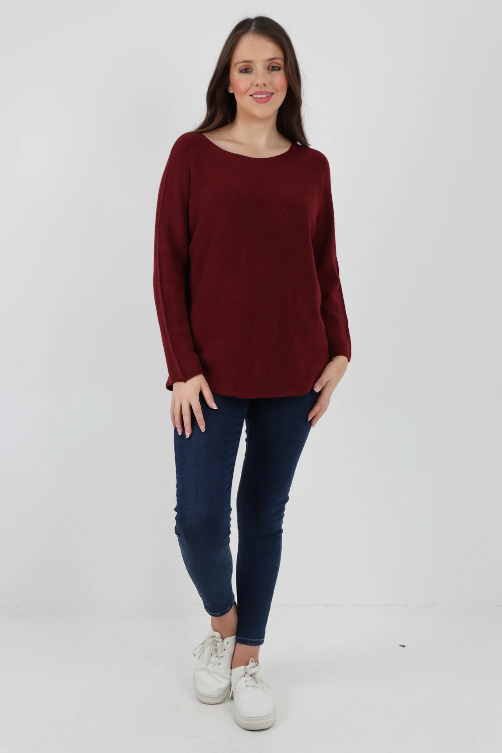 Knitted Jumper Round Neck Basic Sweater Top Sweater WearAll Wine One Size To Fit UK 8-16