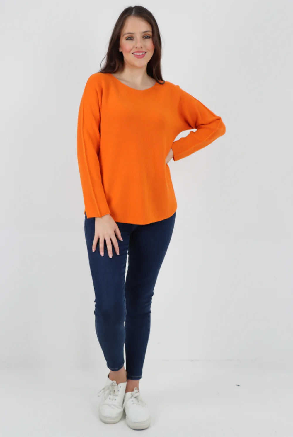 Knitted Jumper Round Neck Basic Sweater Top Sweater WearAll Orange One Size To Fit UK 8-16