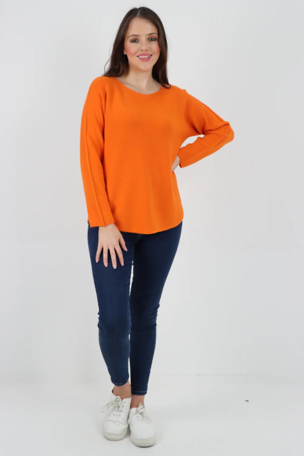 Knitted Jumper Round Neck Basic Sweater Top Sweater WearAll Orange One Size To Fit UK 8-16
