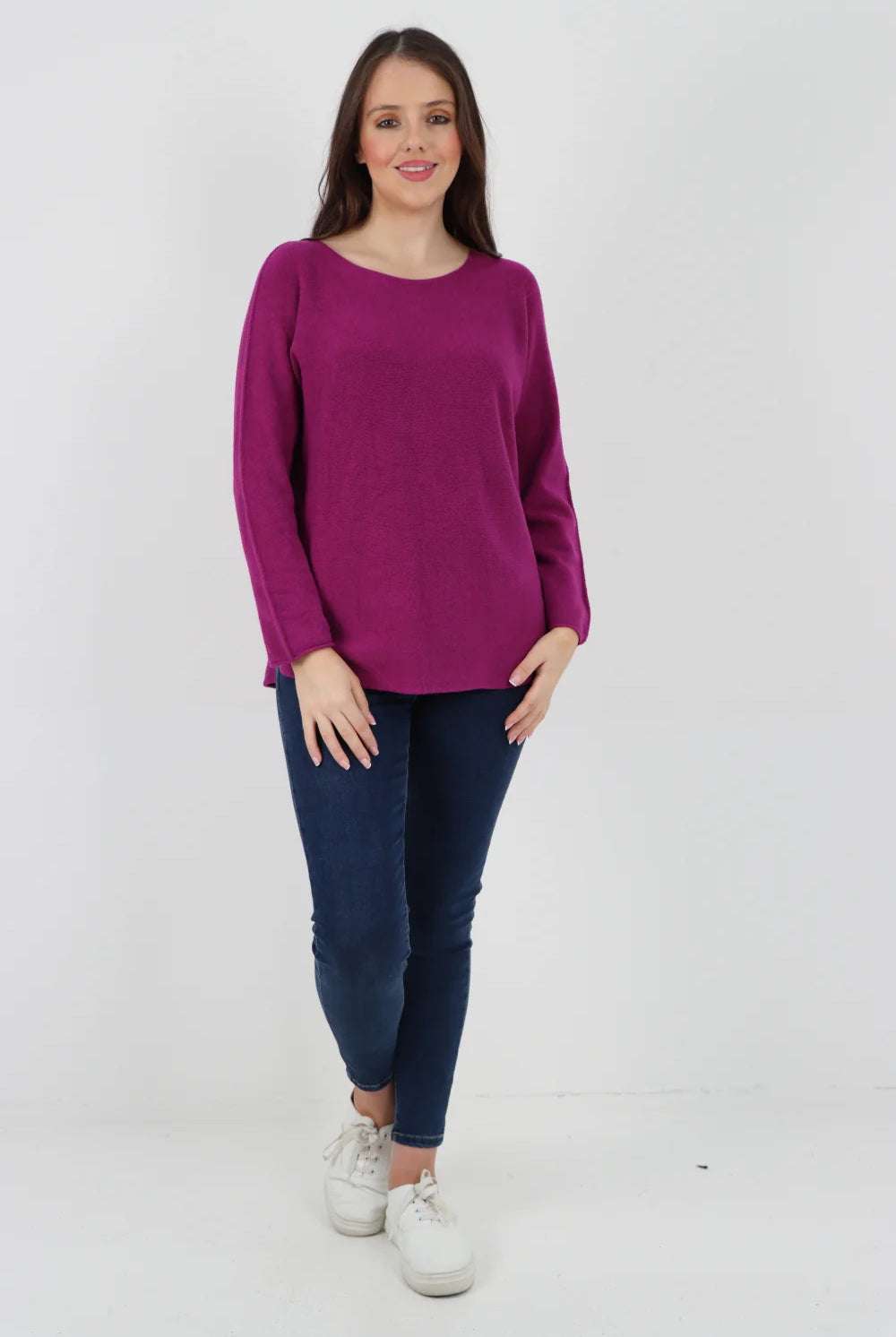Knitted Jumper Round Neck Basic Sweater Top Sweater WearAll Magenta One Size To Fit UK 8-16