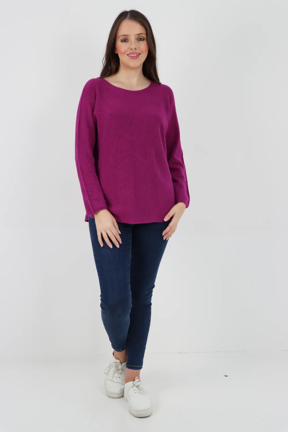 Knitted Jumper Round Neck Basic Sweater Top Sweater WearAll Magenta One Size To Fit UK 8-16
