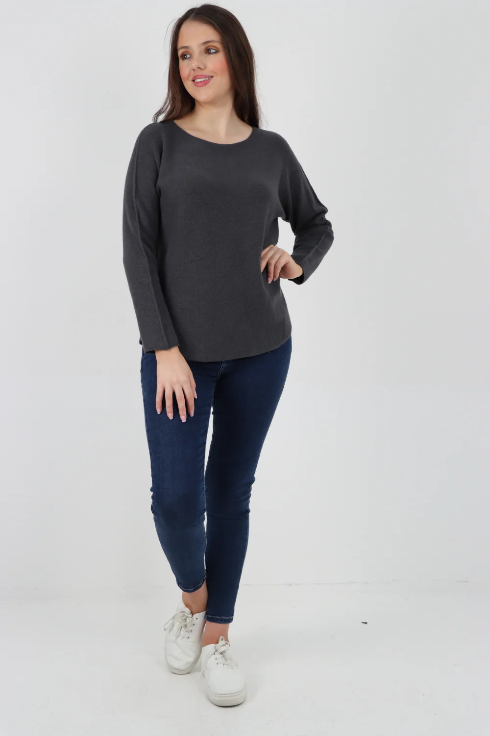 Knitted Jumper Round Neck Basic Sweater Top Sweater WearAll Dark Grey One Size To Fit UK 8-16
