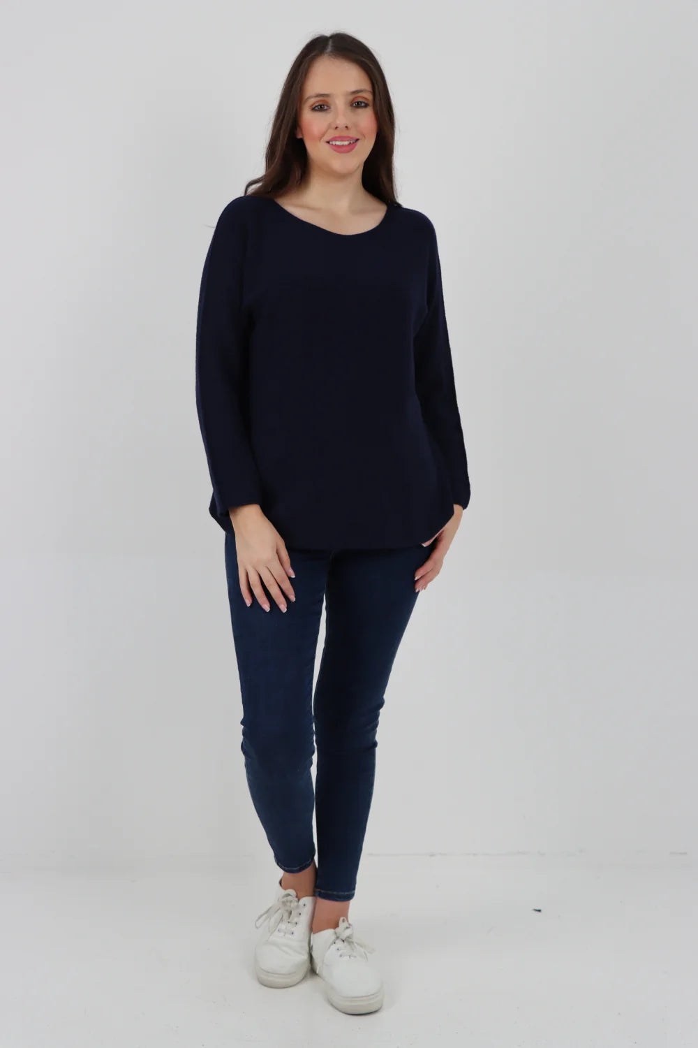 Knitted Jumper Round Neck Basic Sweater Top Sweater WearAll Navy One Size To Fit UK 8-16