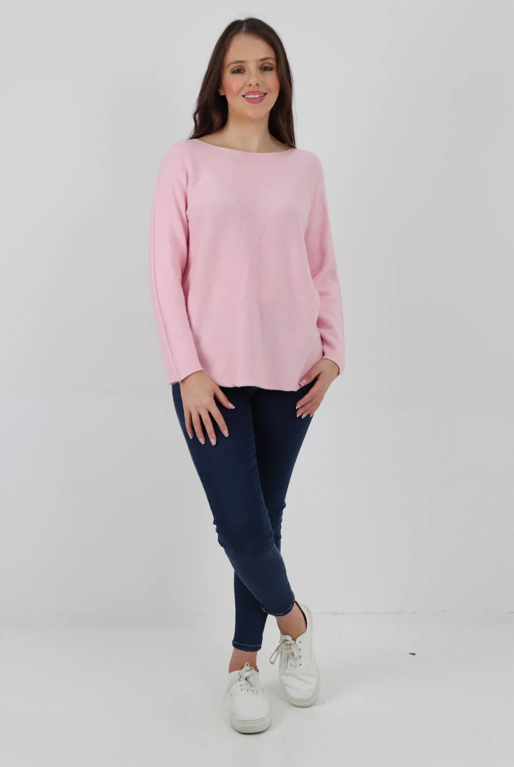 Knitted Jumper Round Neck Basic Sweater Top Sweater WearAll Baby Pink One Size To Fit UK 8-16