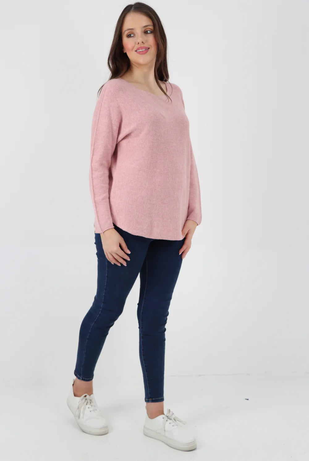 Knitted Jumper Round Neck Basic Sweater Top Sweater WearAll Dusky Pink One Size To Fit UK 8-16