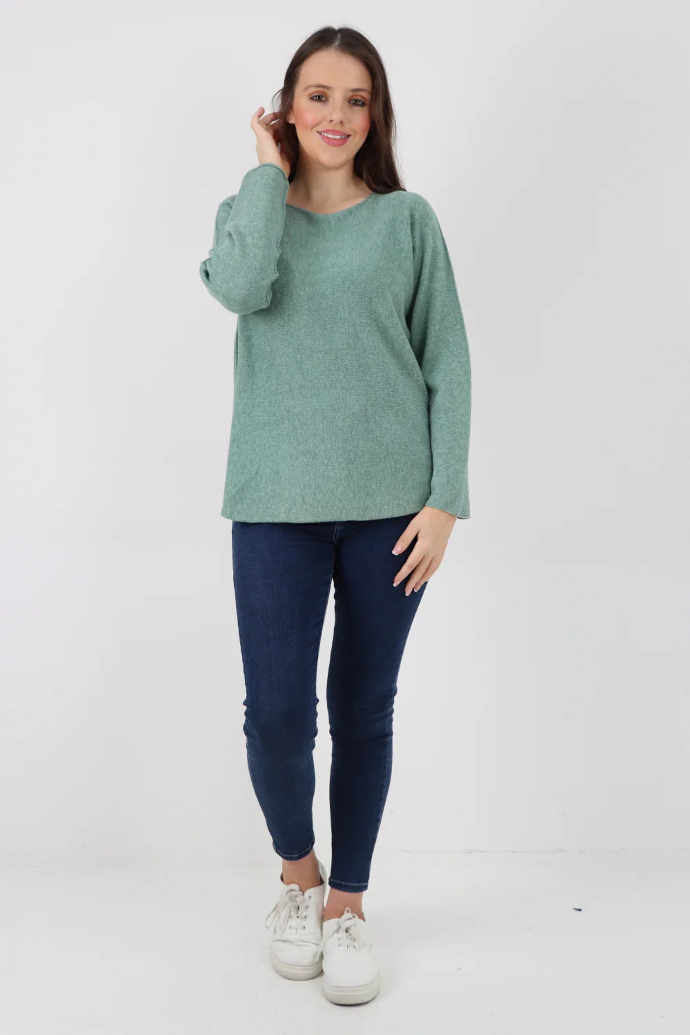 Knitted Jumper Round Neck Basic Sweater Top Sweater WearAll Sage Green One Size To Fit UK 8-16