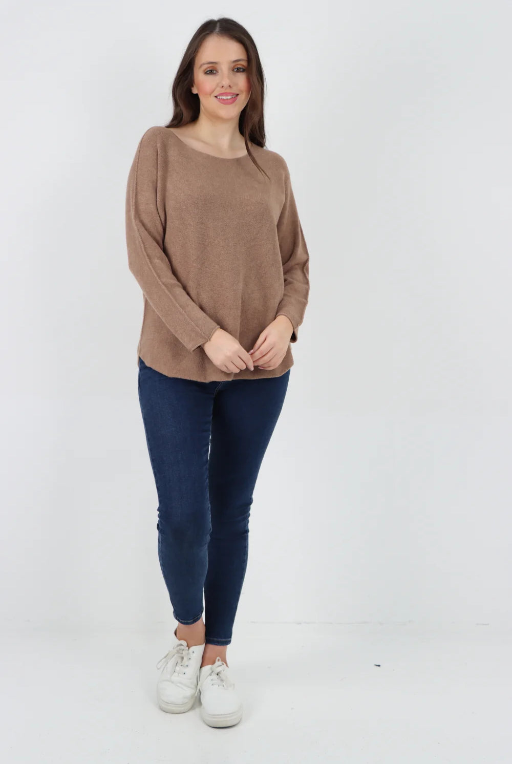 Knitted Jumper Round Neck Basic Sweater Top Sweater WearAll Camel One Size To Fit UK 8-16