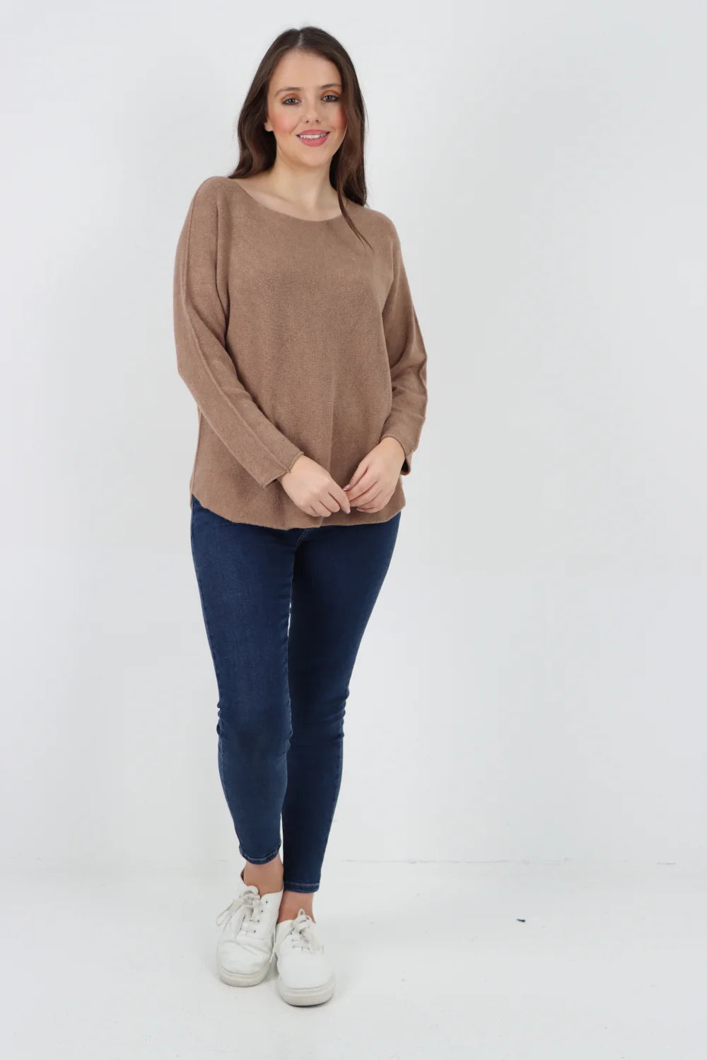 Knitted Jumper Round Neck Basic Sweater Top Sweater WearAll Camel One Size To Fit UK 8-16