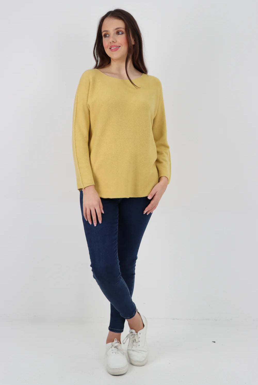 Knitted Jumper Round Neck Basic Sweater Top Sweater WearAll Yellow One Size To Fit UK 8-16