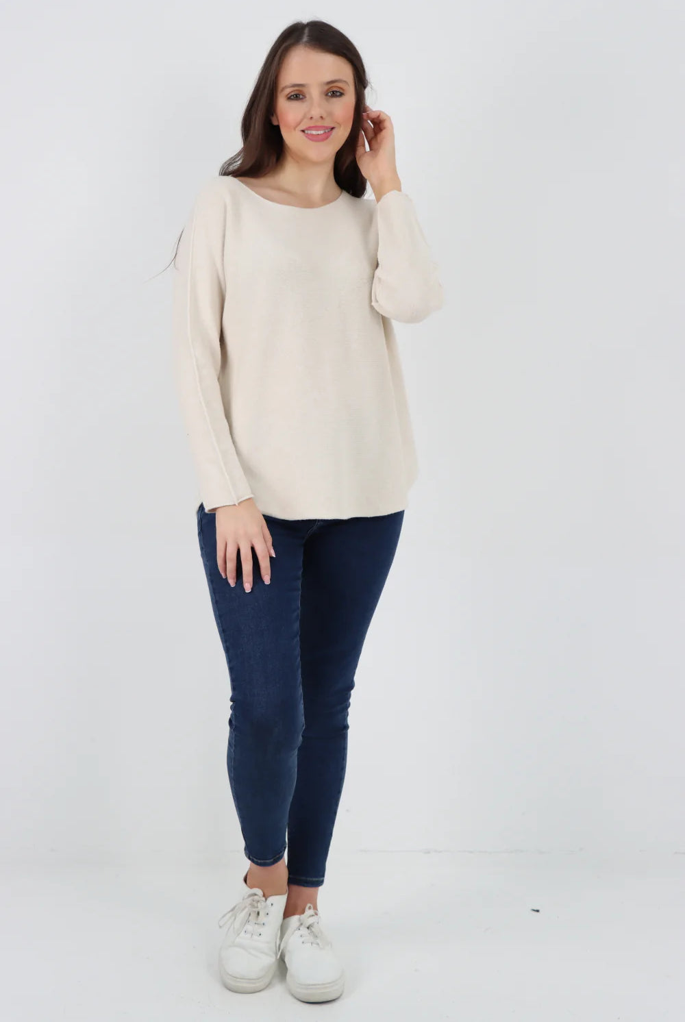 Knitted Jumper Round Neck Basic Sweater Top Sweater WearAll Beige One Size To Fit UK 8-16