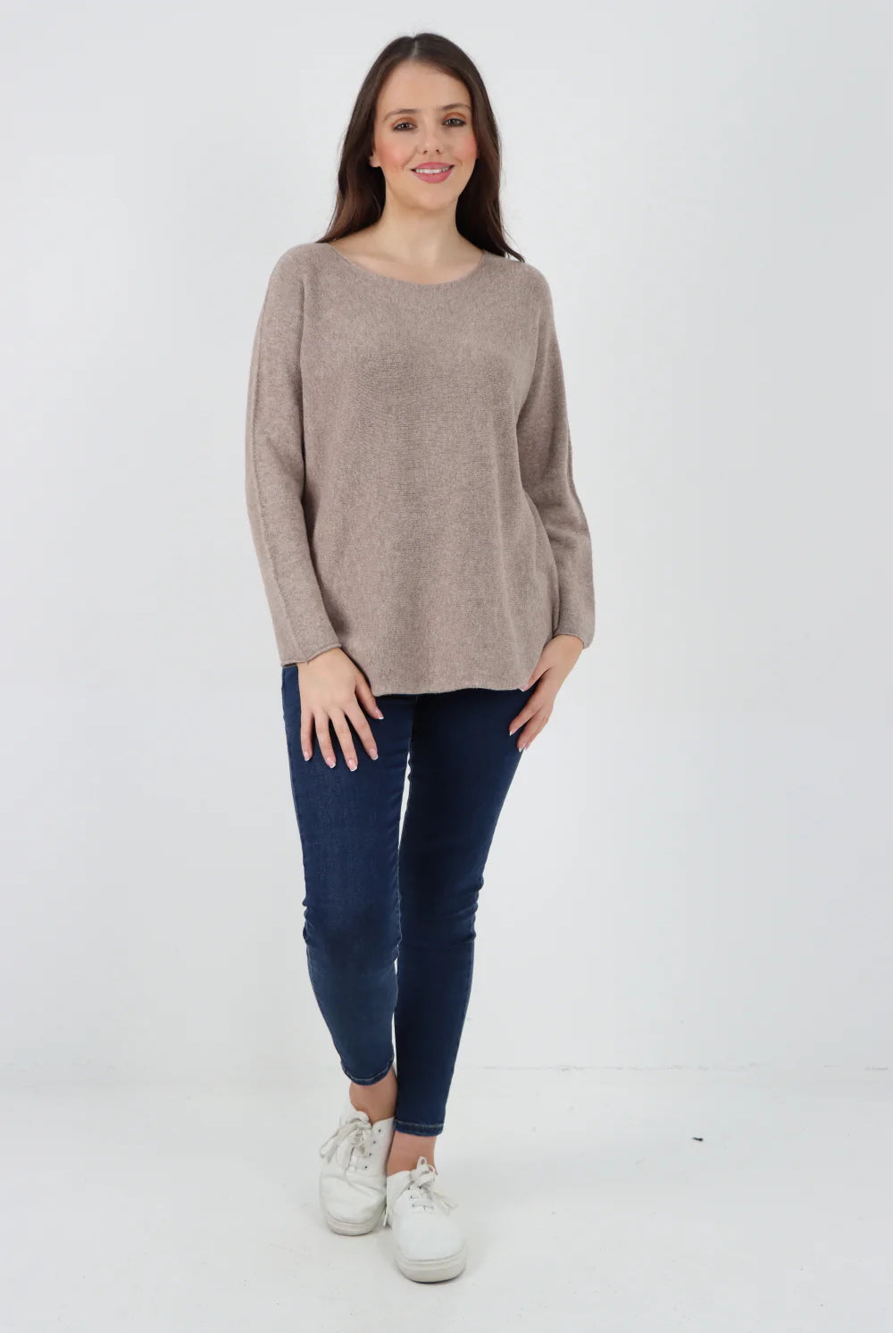 Knitted Jumper Round Neck Basic Sweater Top Sweater WearAll Mocha One Size To Fit UK 8-16