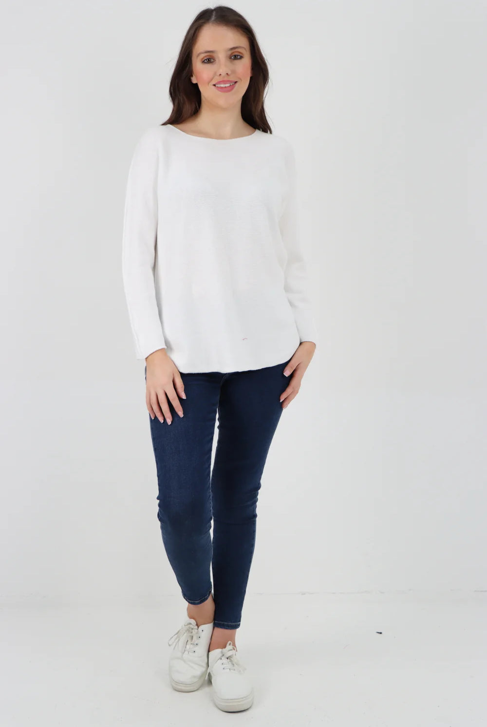 Knitted Jumper Round Neck Basic Sweater Top Sweater WearAll White One Size To Fit UK 8-16