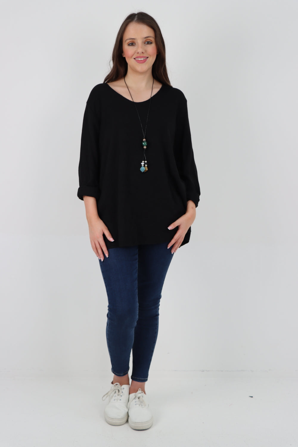 Italian Soft Knitted Necklace Top Sweater Jumper WearAll Black One Size To Fit UK 8-18