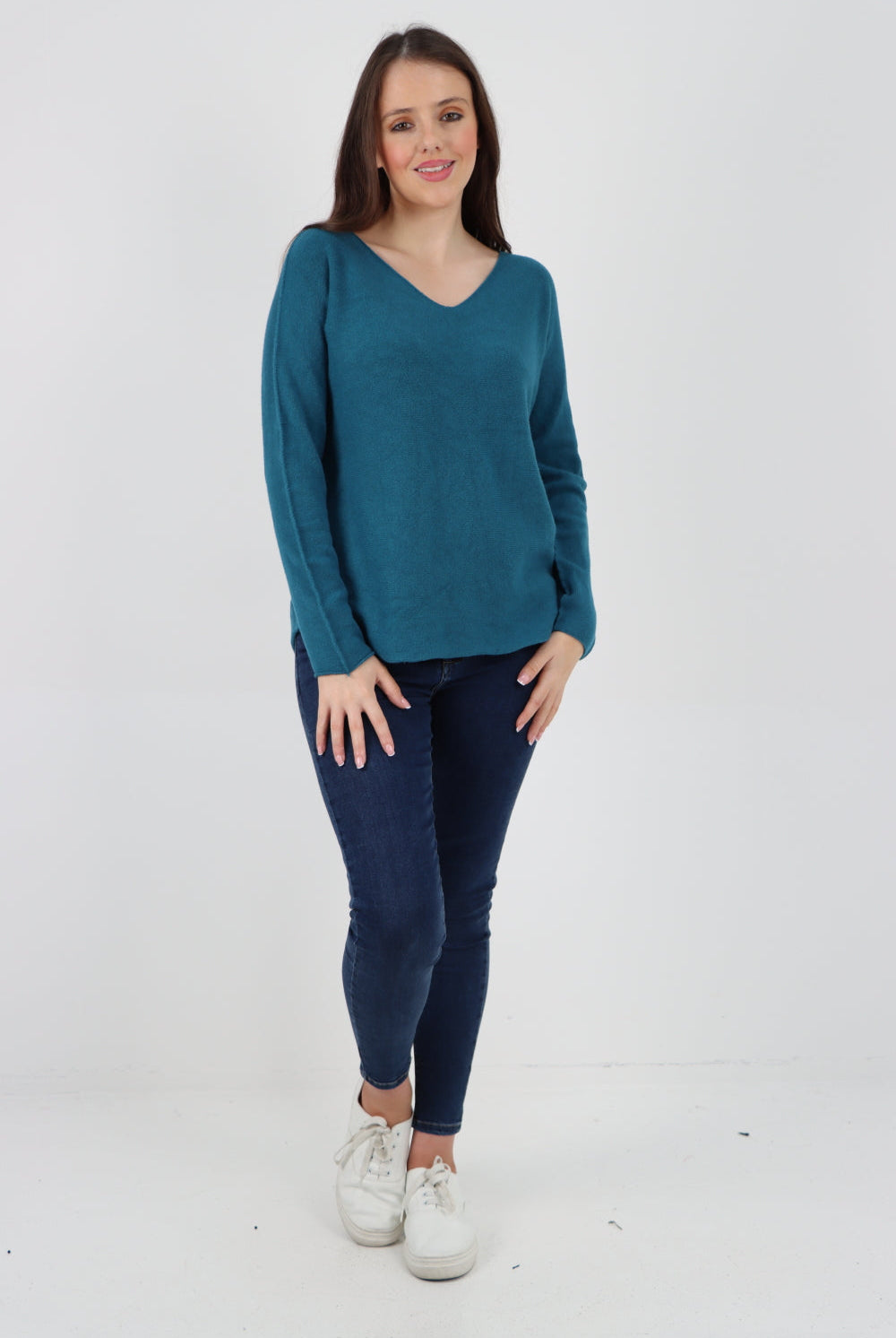 Knitted Jumper V Neck Basic Sweater Top Sweater WearAll Teal One Size To Fit UK 8-16