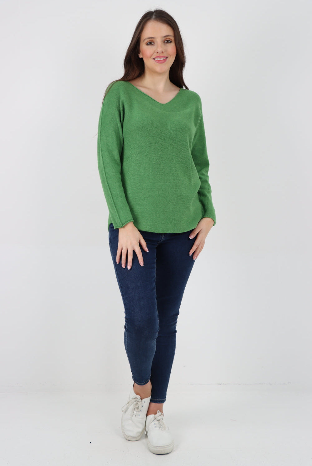 Knitted Jumper V Neck Basic Sweater Top Sweater WearAll Apple Green One Size To Fit UK 8-16
