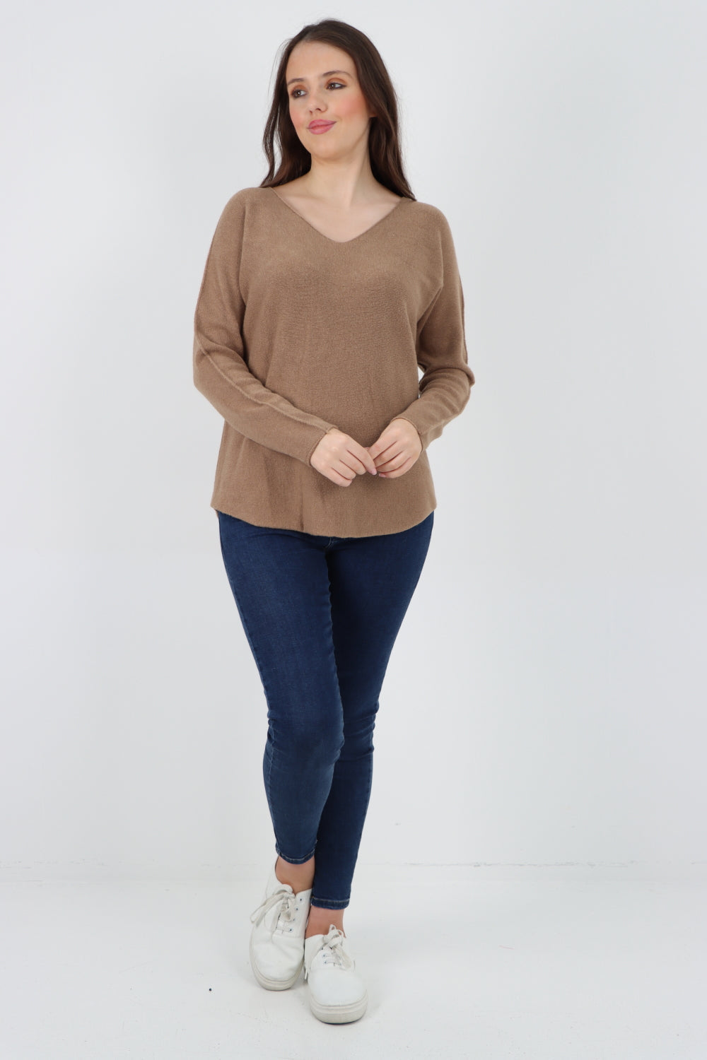 Knitted Jumper V Neck Basic Sweater Top Sweater WearAll Camel One Size To Fit UK 8-16