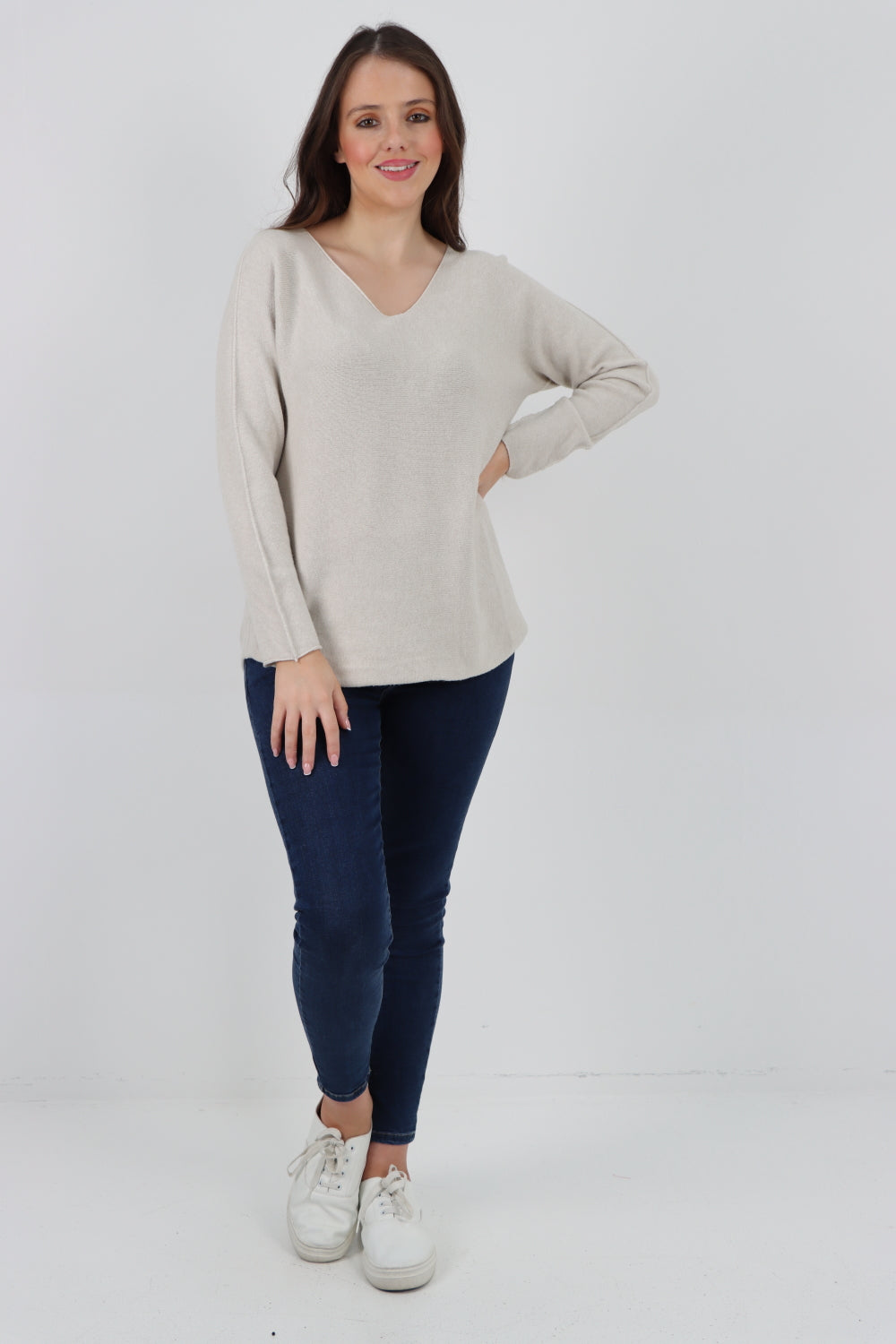 Knitted Jumper V Neck Basic Sweater Top Sweater WearAll Cream One Size To Fit UK 8-16
