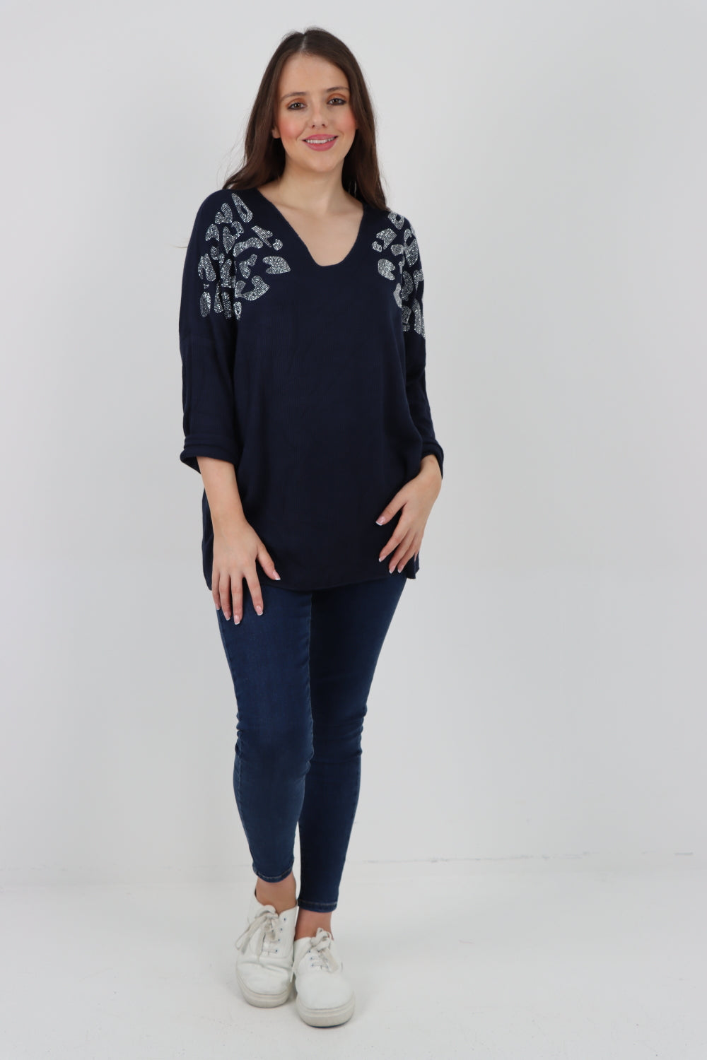 Italian Sequin Detail On Shoulder Soft Knit Jumper Top Jumper WearAll Navy One Size To Fit UK 8-18