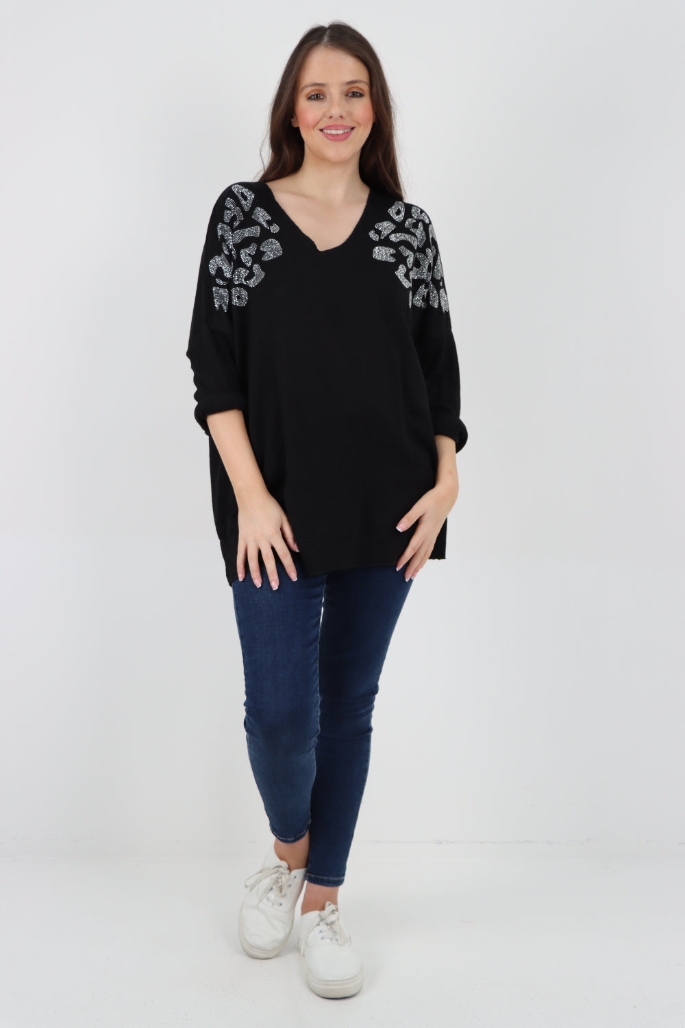 Italian Sequin Detail On Shoulder Soft Knit Jumper Top Jumper WearAll Black One Size To Fit UK 8-18