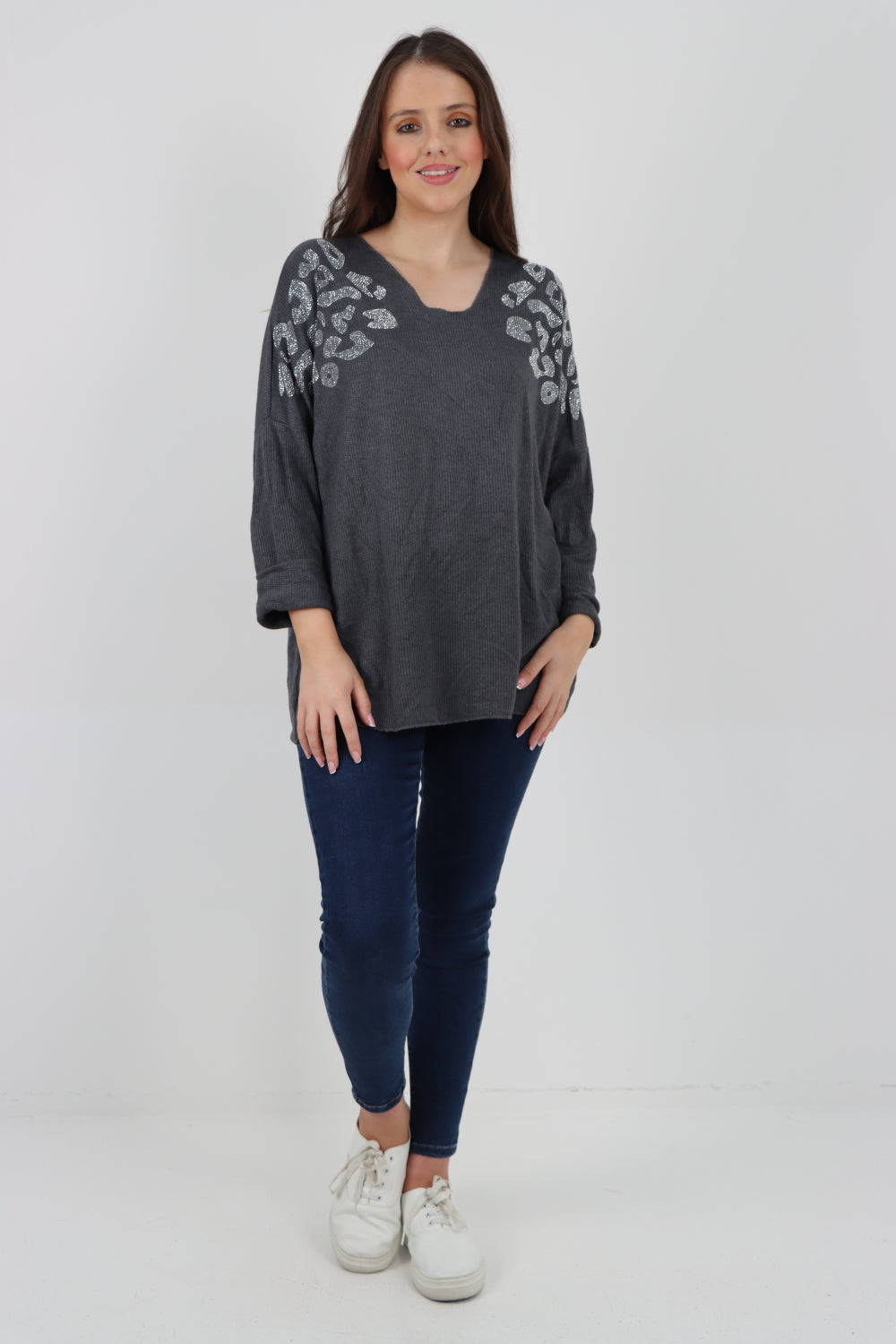 Italian Sequin Detail On Shoulder Soft Knit Jumper Top Jumper WearAll Dark Grey One Size To Fit UK 8-18