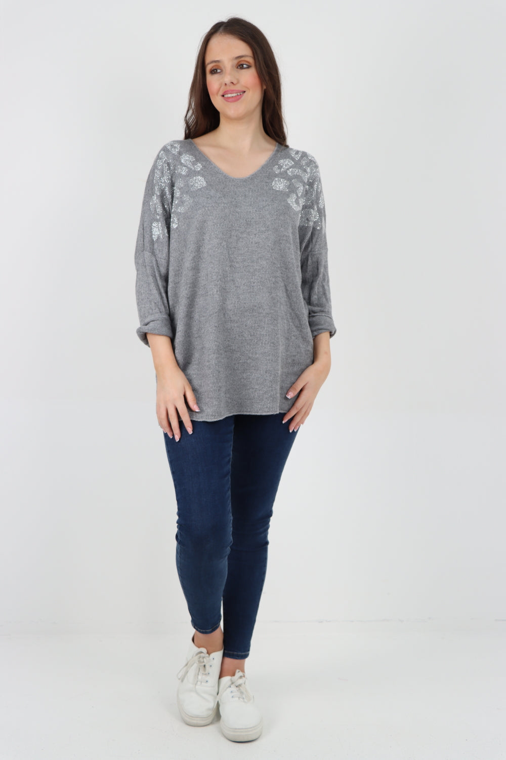 Italian Sequin Detail On Shoulder Soft Knit Jumper Top Jumper WearAll Light Grey One Size To Fit UK 8-18