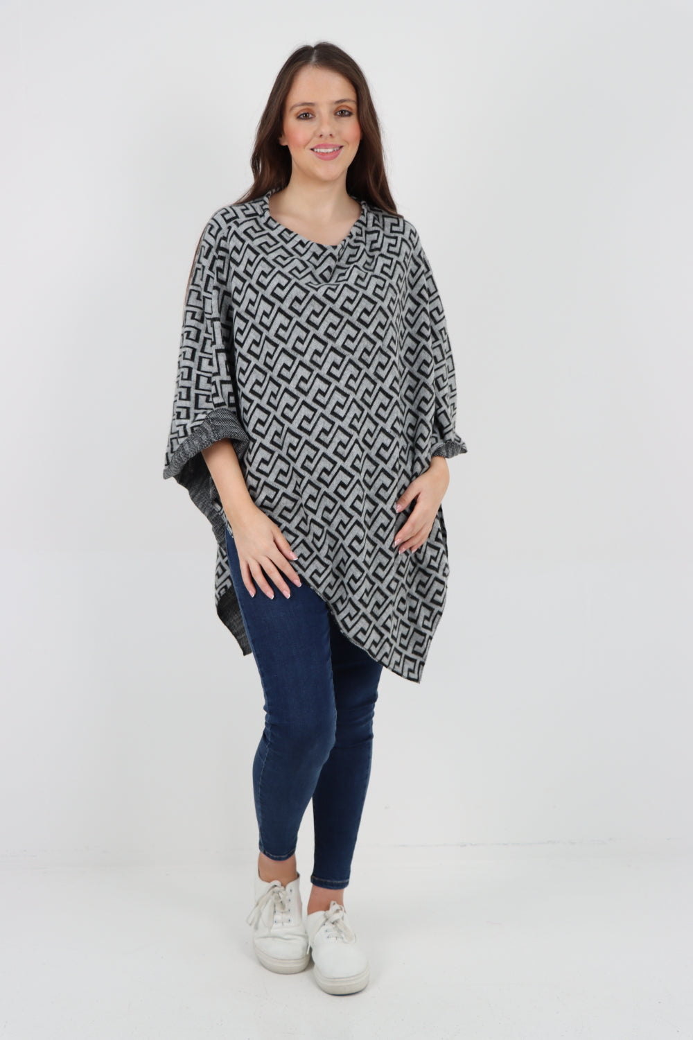 Italian Greek Key Print Asymmetric Poncho Jumper Top Jumpers WearAll Black One Size To Fit UK 8-18
